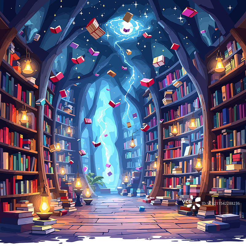 一幅图画，描绘了一个图书馆，书本从中飞出。图片素材