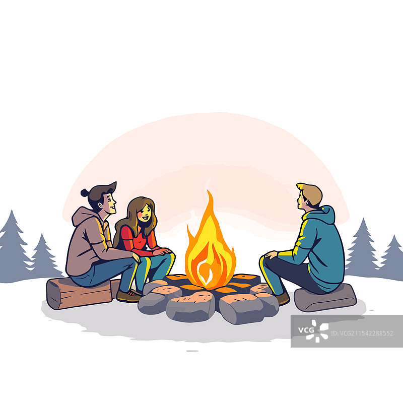 两个人围坐在篝火旁图片素材