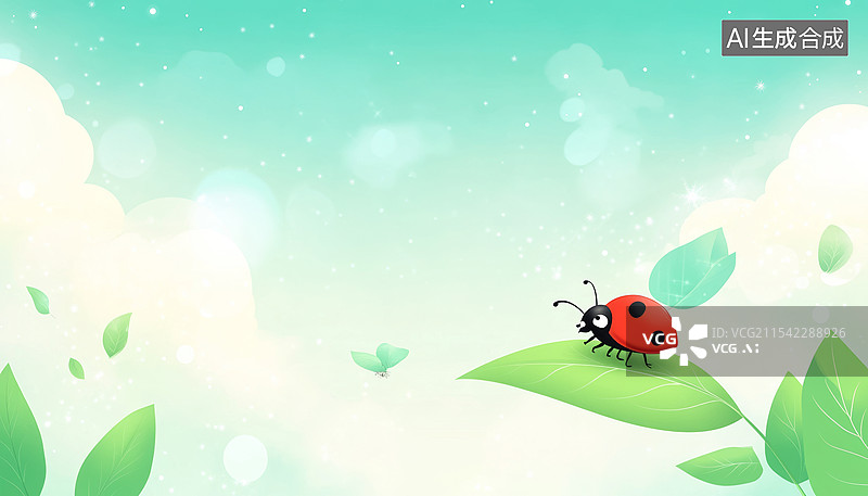 【AI数字艺术】一幅可爱的插画，画面中有瓢虫在绿色的叶子上。图片素材