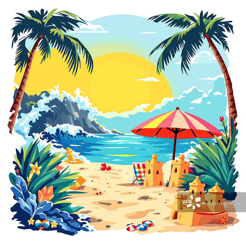 海滩场景，棕榈树和沙堡图片素材