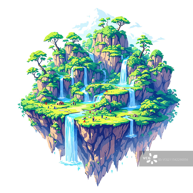 一个有瀑布和树木的小岛图片素材