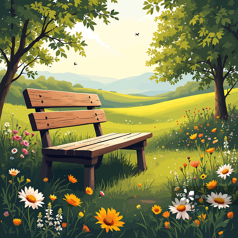 一张木长椅坐落在花海中图片素材