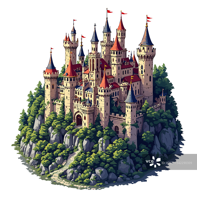 一座位于山丘上的城堡，周围有树木和岩石图片素材