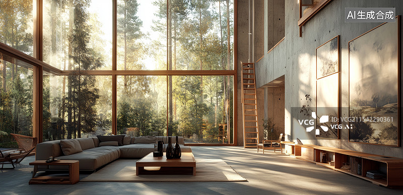 【AI数字艺术】一个豪华的现代客厅。房间内装饰精美，中央摆放着一个圆形咖啡桌，周围是舒适的沙发和椅子。图片素材