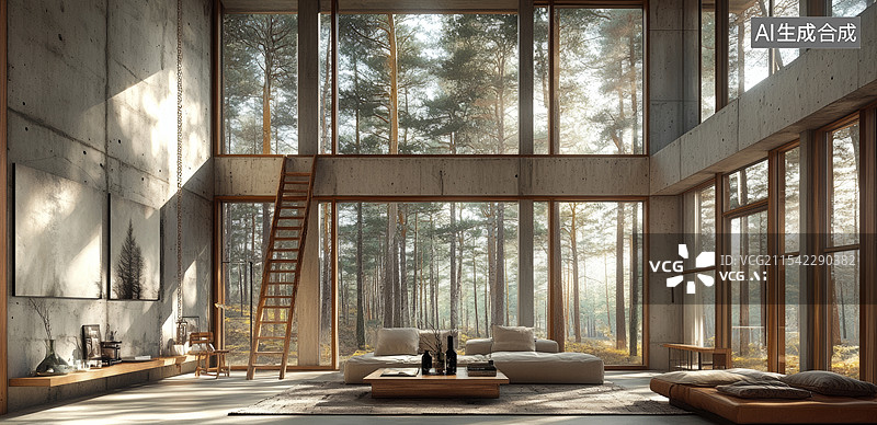 【AI数字艺术】一个豪华的现代客厅。房间内装饰精美，中央摆放着一个圆形咖啡桌，周围是舒适的沙发和椅子。图片素材