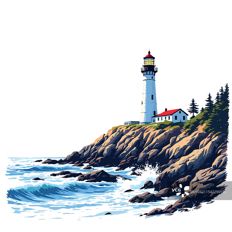 岩石海岸上的灯塔与白色天空图片素材