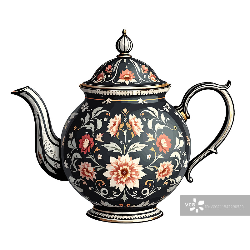 一只带花的黑白茶壶图片素材