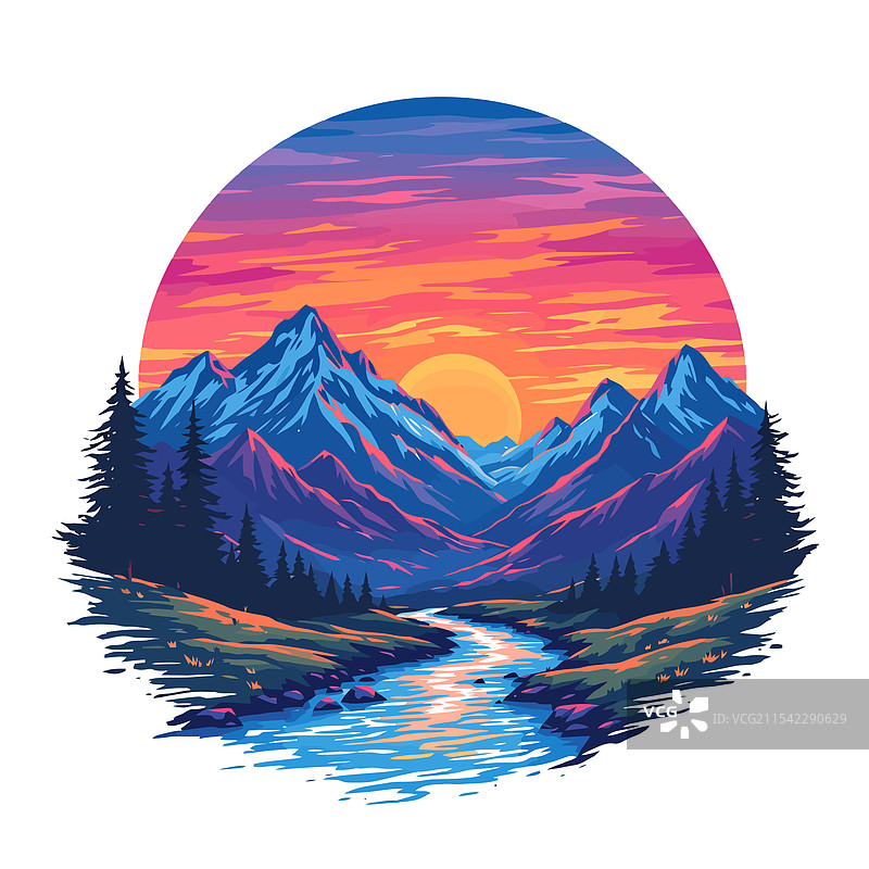 山脉风景，河流与树木相伴图片素材