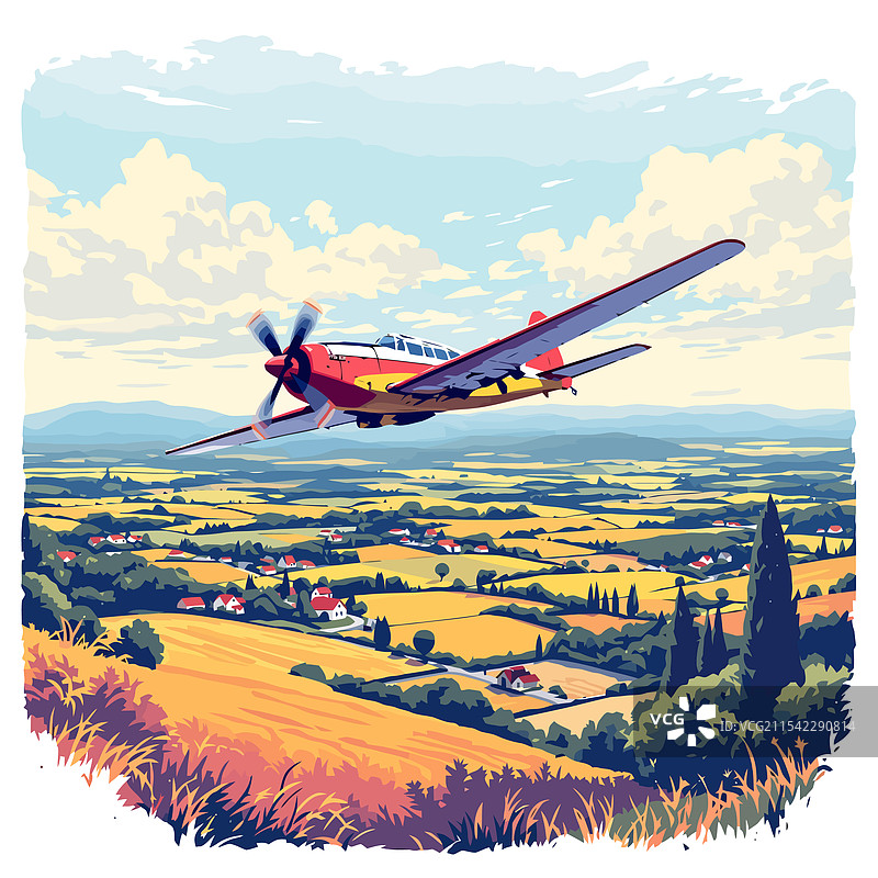 一架小飞机飞越乡村风景图片素材