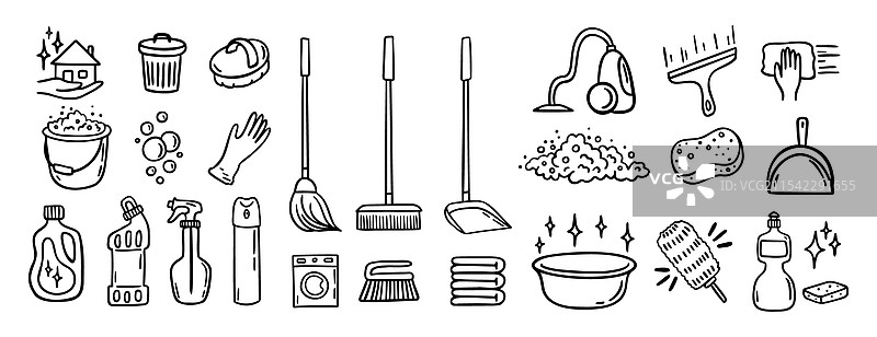清洁工具套件手绘图标集图片素材
