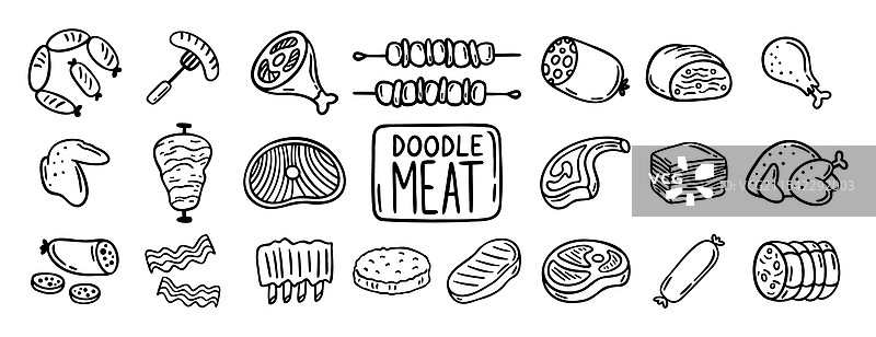 肉块和肉制品的涂鸦手绘图片素材