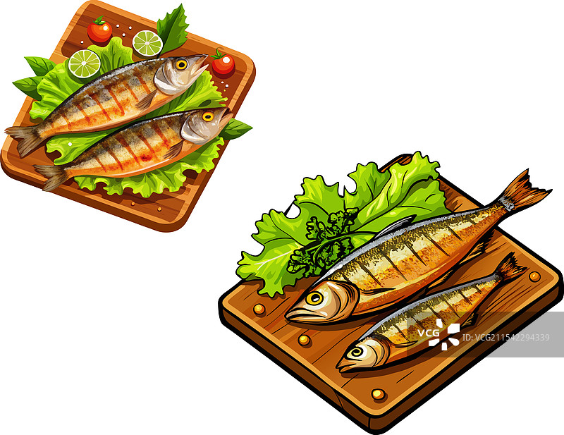 烤鱼放在木砧板上图片素材