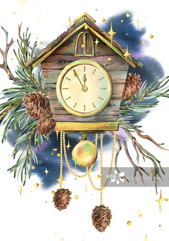带松树枝的木屋钟表与布谷鸟图片素材