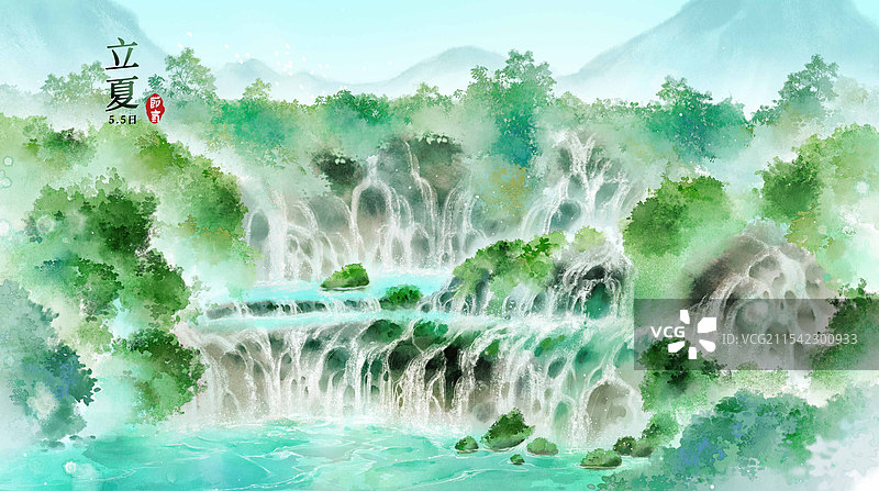 二十四节气夏季立夏广西旅游景点德天瀑布风景-古风国风水墨风水彩写意画海报模板图片素材