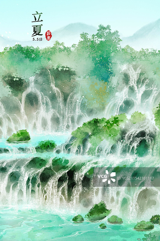 二十四节气夏季立夏广西旅游景点德天瀑布风景-古风国风水墨风水彩写意画海报模板图片素材