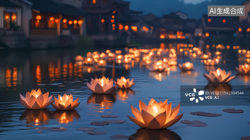 【AI数字艺术】水面上的莲花灯元宵节祈福背景图片素材