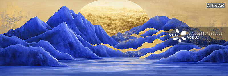 【AI数字艺术】鎏金中式山水风景画图片素材