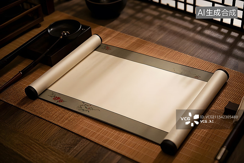 【AI数字艺术】笔墨纸砚国风山水画卷 空白卷轴画卷设计素材图片素材