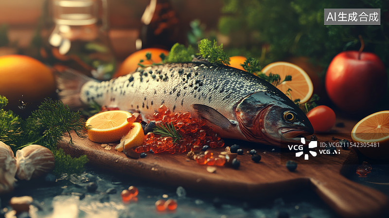 【AI数字艺术】烤制鱼和调味配料的美食展示图片素材