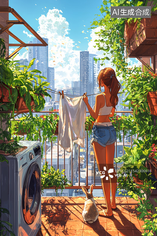 【AI数字艺术】阳台上晾晒衣物的女孩图片素材