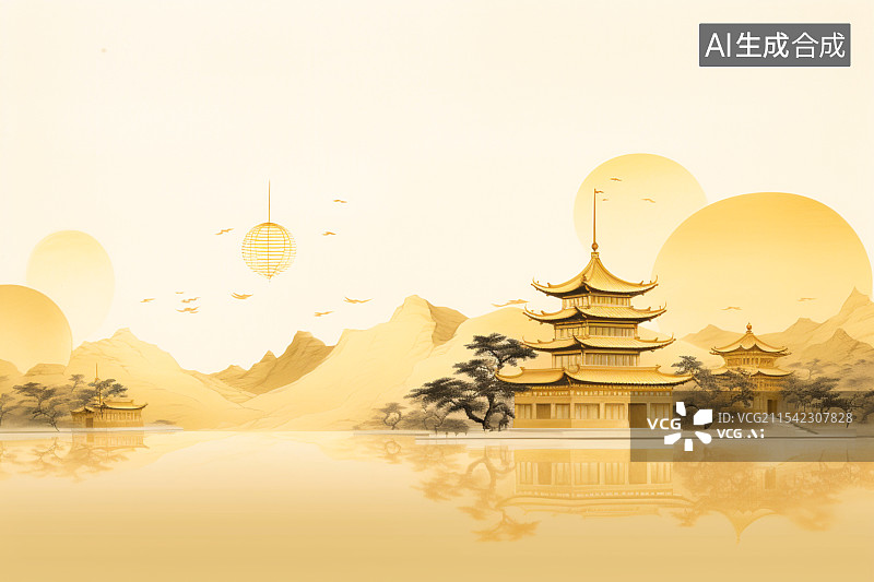 【AI数字艺术】金色祥云下的古亭水墨江南古建筑图片素材