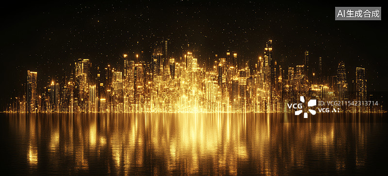 【AI数字艺术】一幅未来主义的城市景观，前景是波浪形的金色地面，背景则是高耸入云的现代化高楼大厦。图片素材