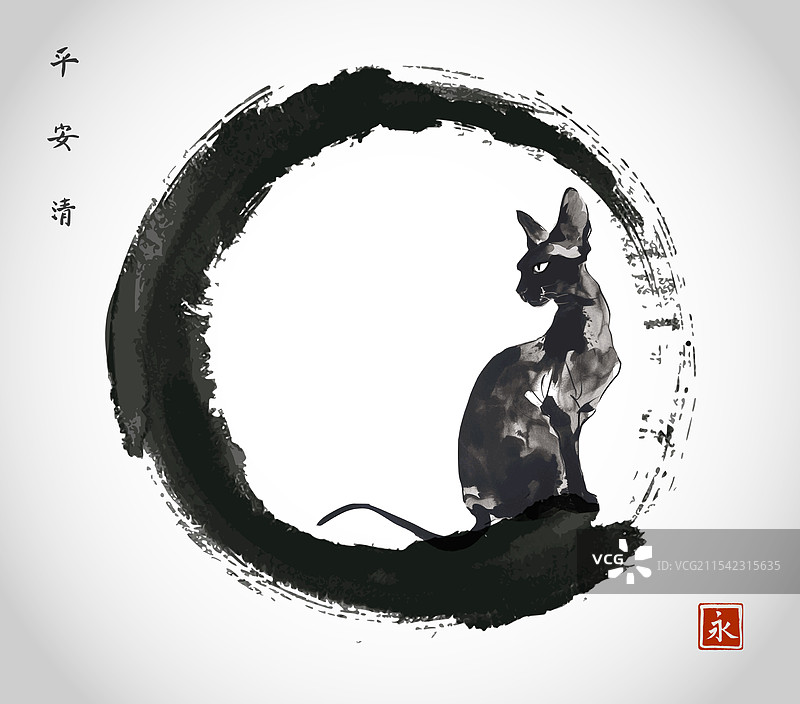 黑色斯芬克斯猫在黑色圆圈禅意中图片素材