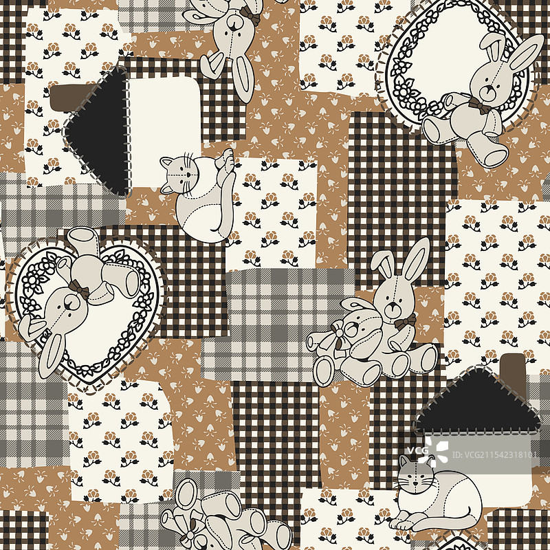 动物、花朵和心形拼布图案图片素材