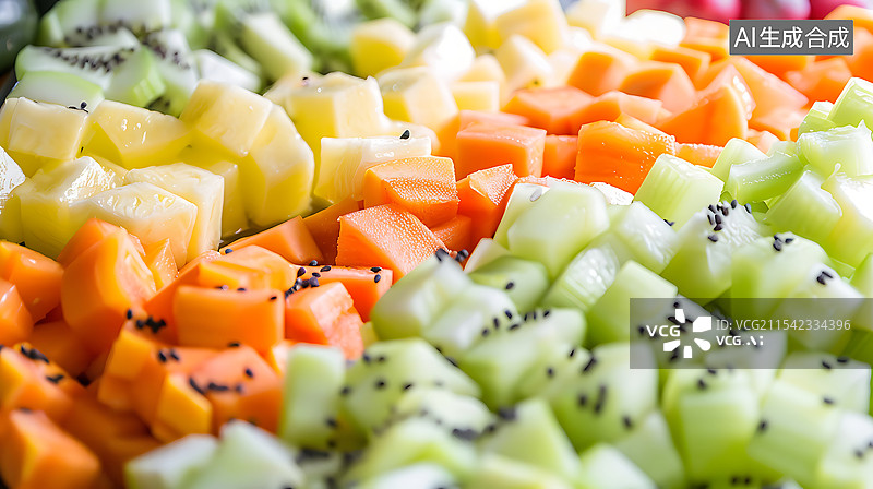 【AI数字艺术】特写镜头展示鲜艳新鲜蔬菜和水果以丰富多彩的图案排列在白色背景上，象征健康饮食与肠道健康，浅景深效果突图片素材