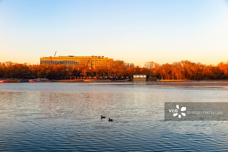 中国北京市海淀区冬日夕阳余晖照耀下的玉渊潭公园风光，北京电视塔，中华世纪坛，留春园，中国少年英雄纪念图片素材