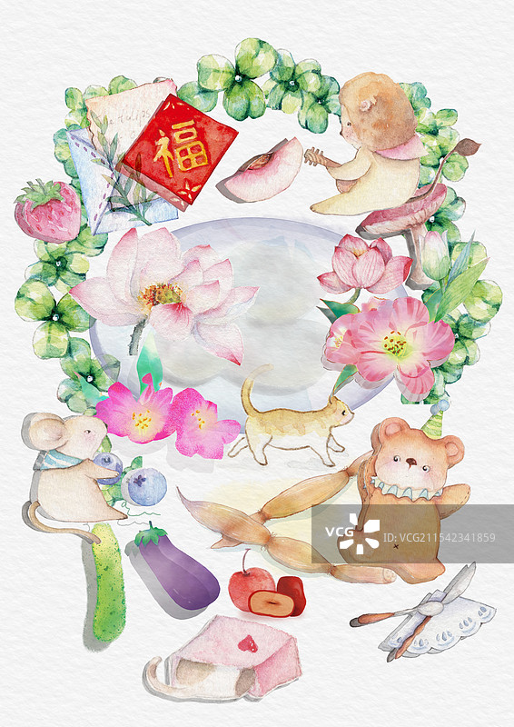 卡通小动物插画欢度新春佳节新年生日快乐聚会饺子团圆年家乡的美食混沌元宝插画图片素材