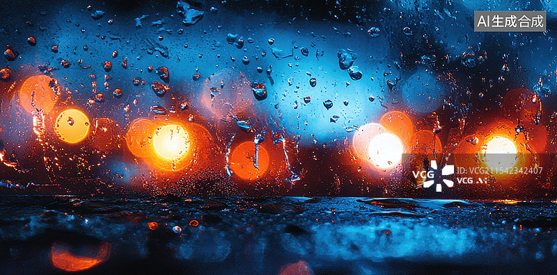 【AI数字艺术】雨水打湿车窗 窗外光斑图片素材