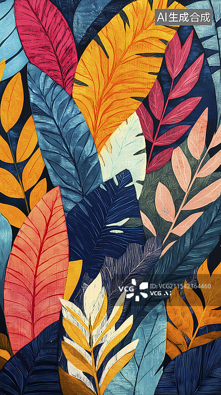 【AI数字艺术】彩色树叶集植物图案插画海报背景图片素材