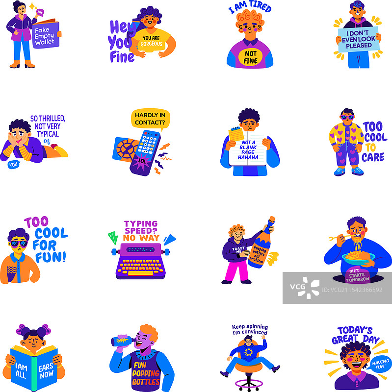 一组酷炫的讽刺平面风格贴纸图片素材