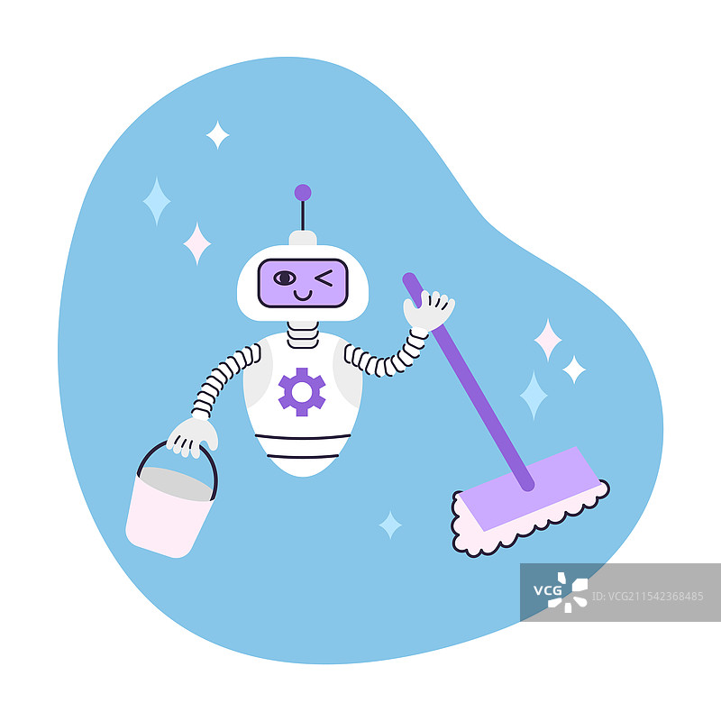 可爱的机器人手持桶和拖把图片素材