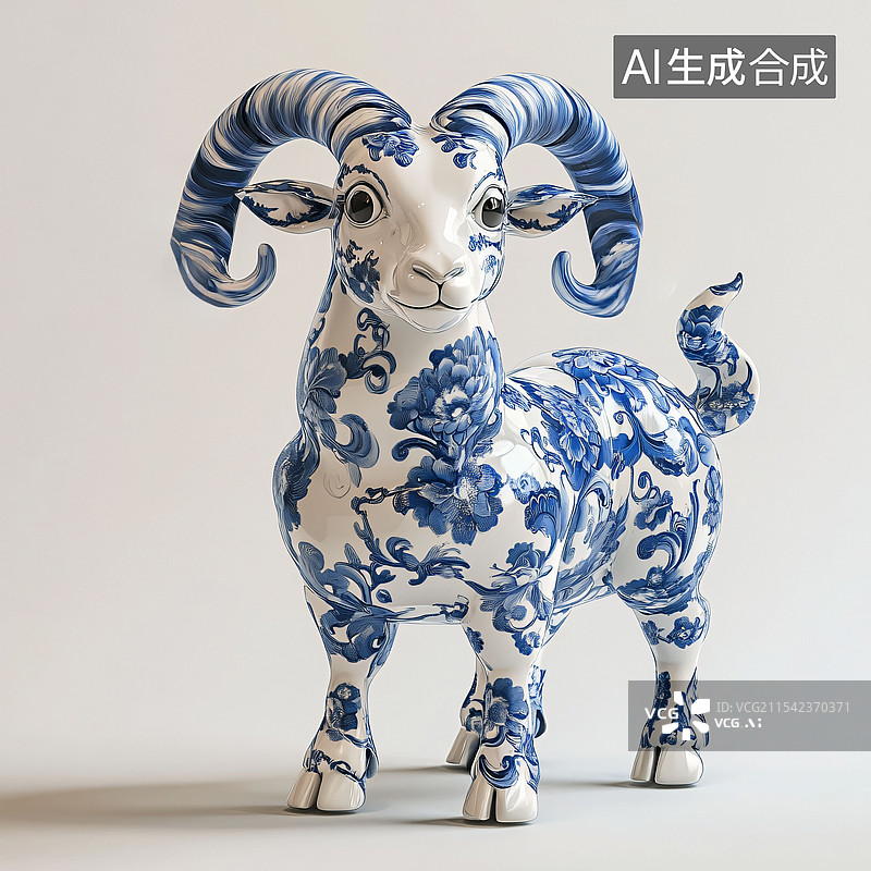 【AI数字艺术】羊、陶瓷、青花瓷、动物、工艺品、十二生肖、C4D图片素材