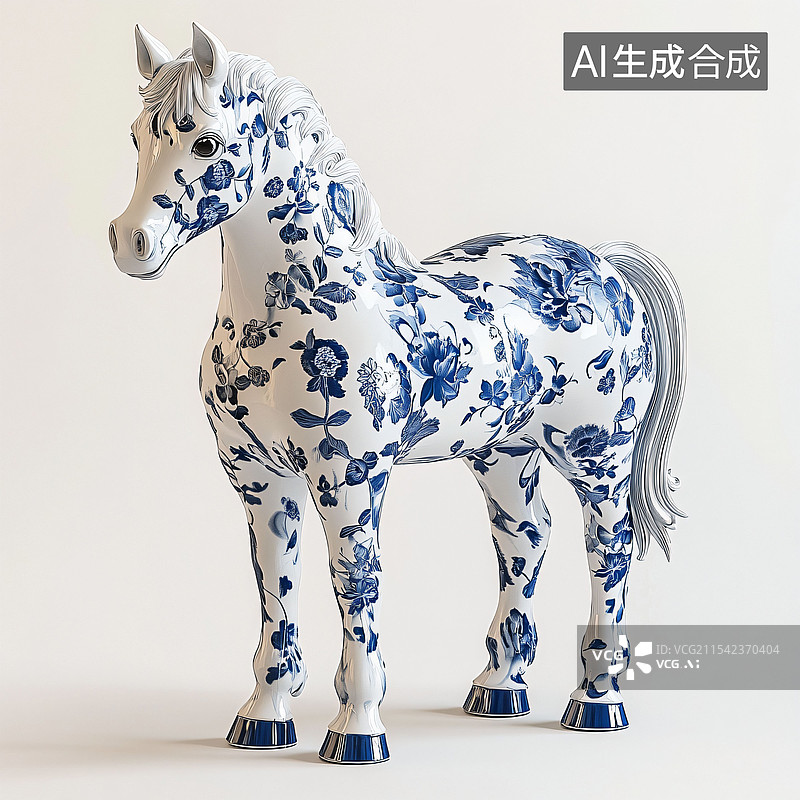【AI数字艺术】马、陶瓷、青花瓷、动物、工艺品、十二生肖、C4D图片素材