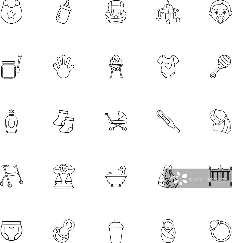 婴儿护理用品图标，包括奶瓶、围嘴和婴儿床图片素材