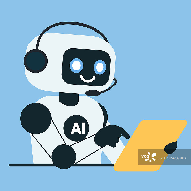 可爱的聊天机器人与黄色平板电脑，背景为蓝色图片素材