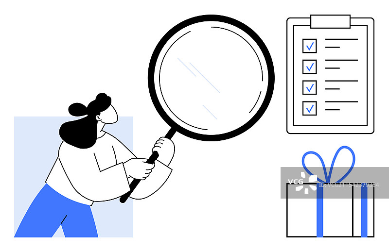 女人手持放大镜检查清单图片素材