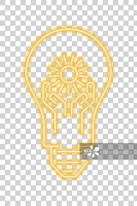 带有手和太阳的霓虹黄色灯泡图片素材