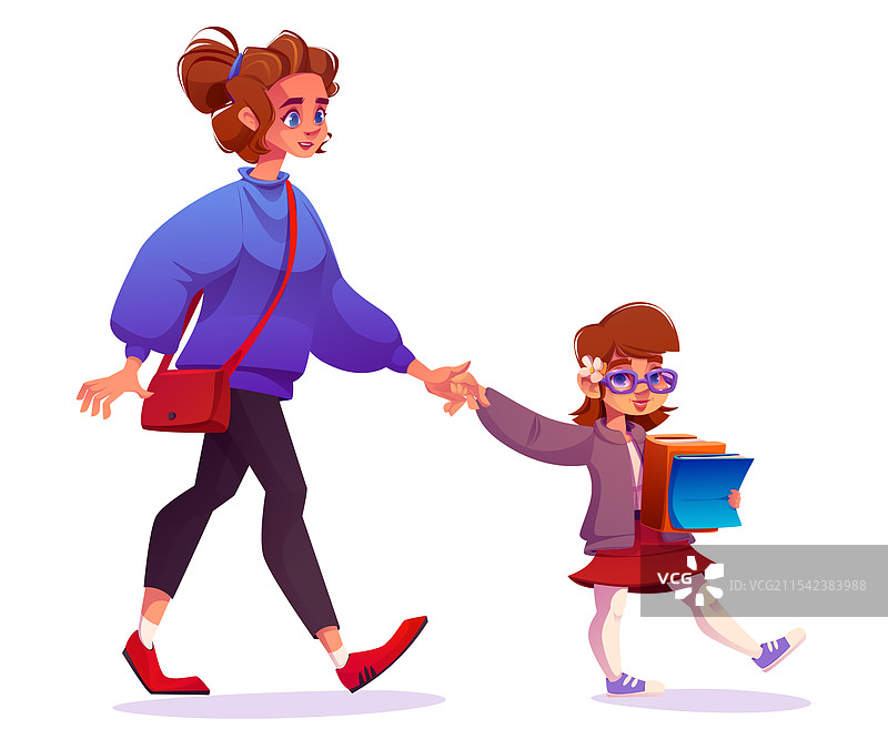 学校孩子与母亲一起散步图片素材