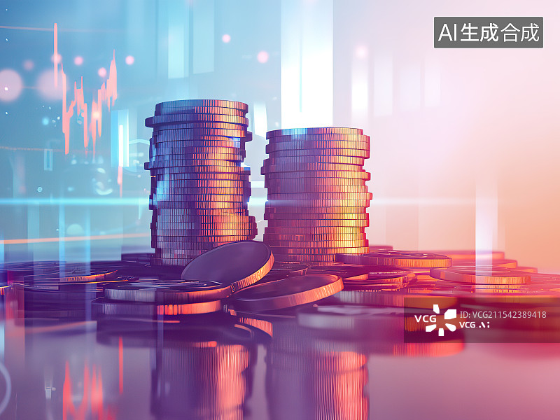 【AI数字艺术】桌子上堆叠起来两摞和摊开零散的金色硬币 彩色灯光特写镜头 金融理财投资股票保险银行商务概念配图图片素材