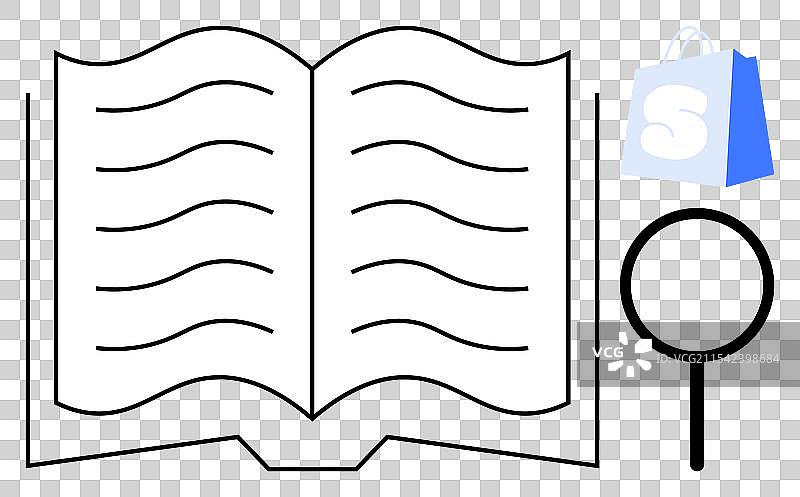 打开的书、放大镜和购物袋图片素材