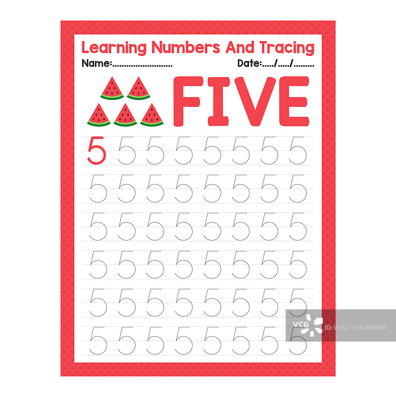 学习数字五和描摹水果西瓜图片素材