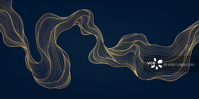蓝色背景上的金色装饰艺术线条波浪图案图片素材