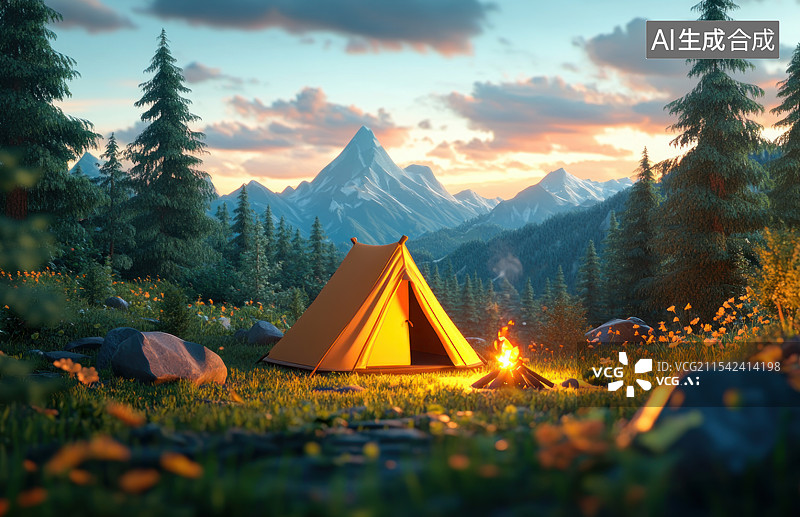【AI数字艺术】户外露营地帐篷篝火夏天假期冒险徒步夏令营插图图片素材
