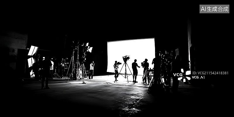 【AI数字艺术】电影摄制组在专业影棚内工作的剪影图像，导演、摄影师与灯光师协作拍摄电视广告电影，画面构图精美，呈现出图片素材