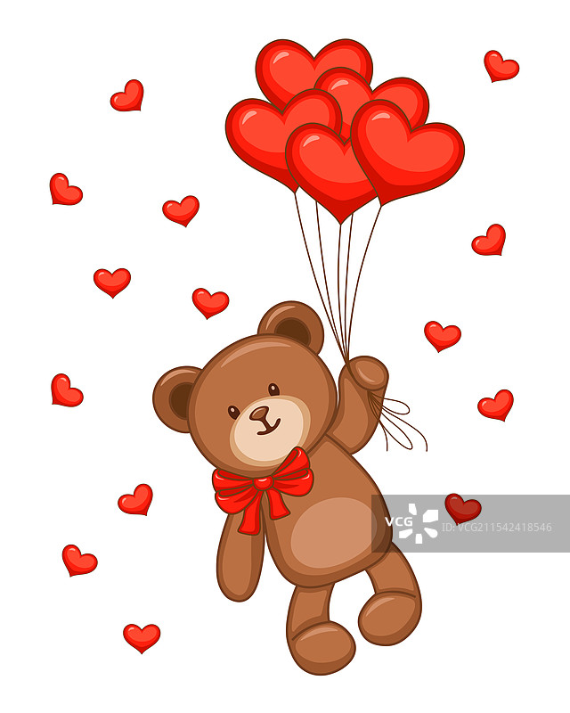 可爱的情人节熊熊与心形气球一起飞翔图片素材