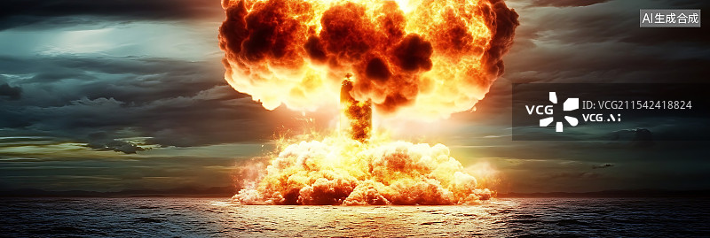 【AI数字艺术】核弹在海洋中的爆炸，展示惊人的细节和完美的构图，高清捕捉爆炸的原始力量和海洋的辽阔，带有惊艳的视觉效图片素材